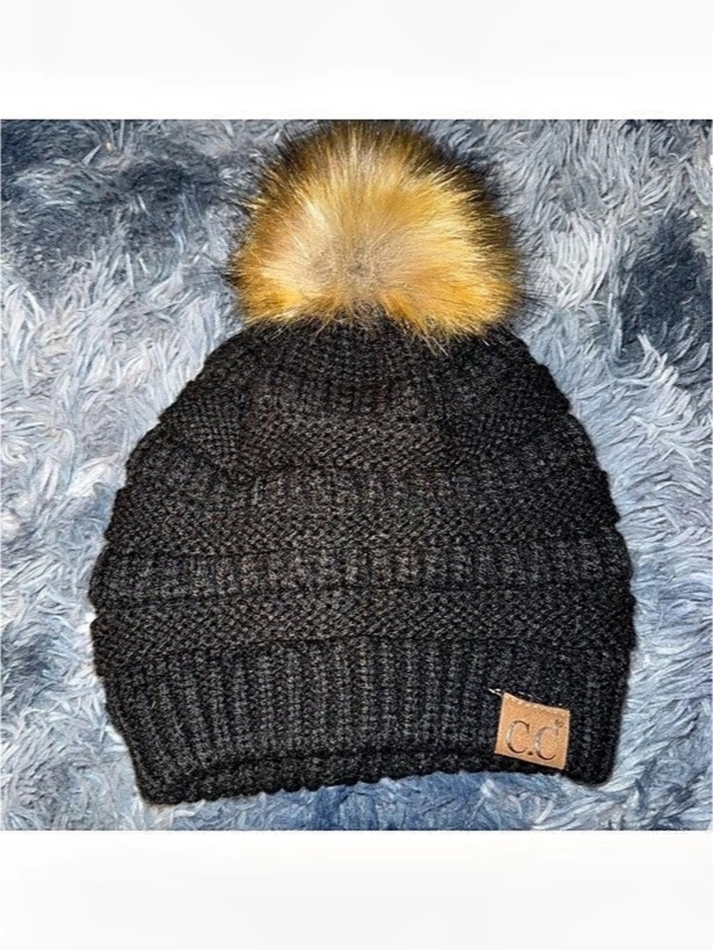 C.C Faux Fur Pom Cable Knit Beanie Black Pom-Pom Knit Beanie
